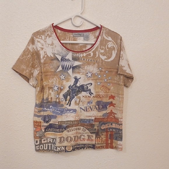 Make Offer! Coral Bay Brown and Red Short Sleeve Tee with Graphic Print - Picture 1 of 3